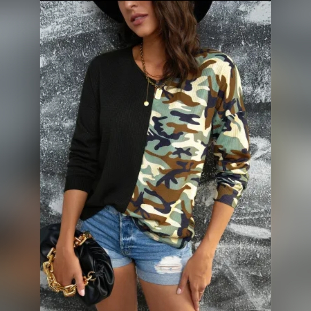 Black/Camo Twist Back Waffle Top